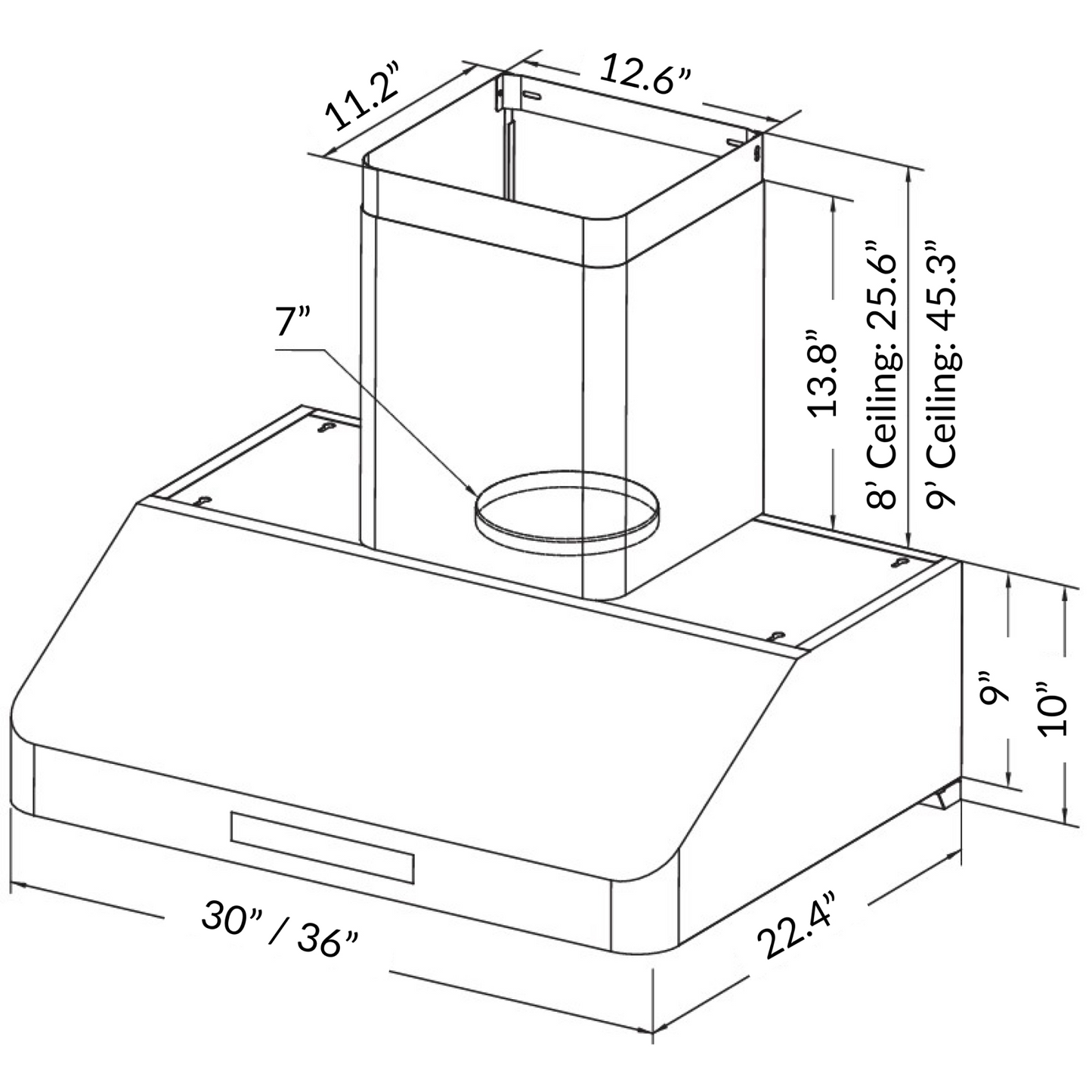 B-53 Sakura 30" or 36" Range hood - Wall-mount Chimney